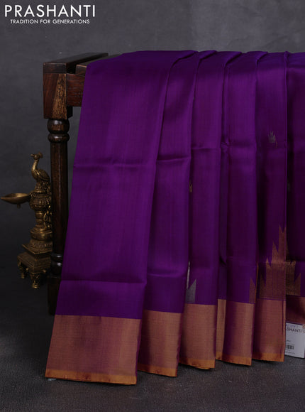 Pure uppada silk saree purple and mustard yellow with allover silver & zari woven buttas and temple design zari woven border