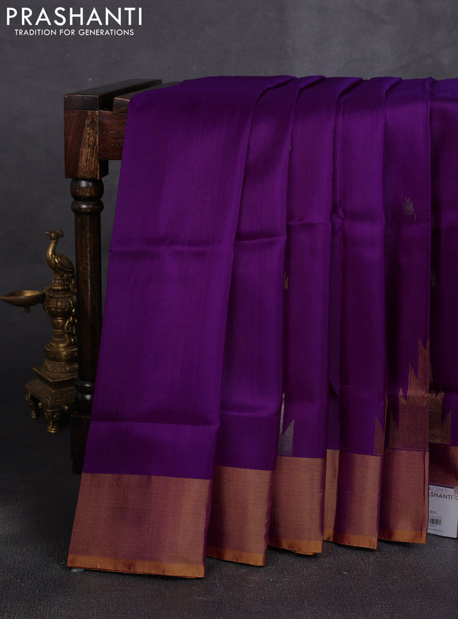 Pure uppada silk saree purple and mustard yellow with allover silver & zari woven buttas and temple design zari woven border