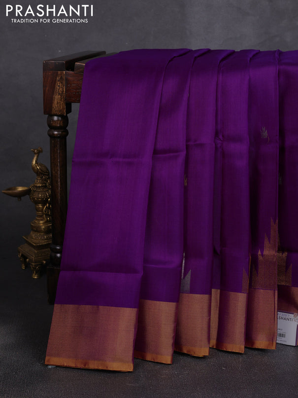 Pure uppada silk saree purple and mustard yellow with allover silver & zari woven buttas and temple design zari woven border