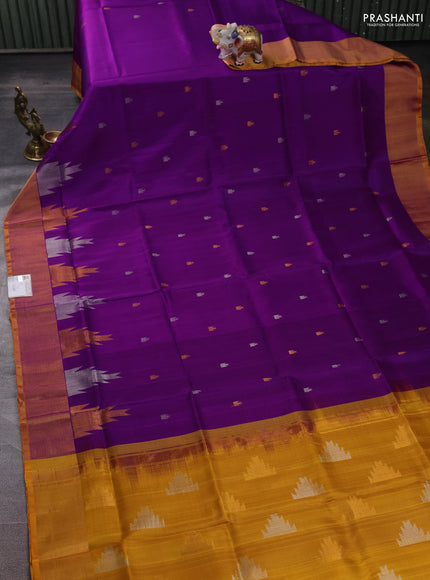 Pure uppada silk saree purple and mustard yellow with allover silver & zari woven buttas and temple design zari woven border