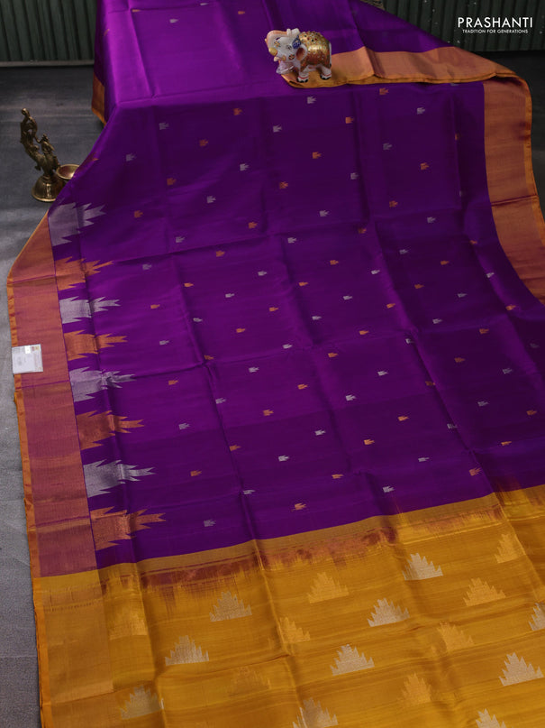 Pure uppada silk saree purple and mustard yellow with allover silver & zari woven buttas and temple design zari woven border