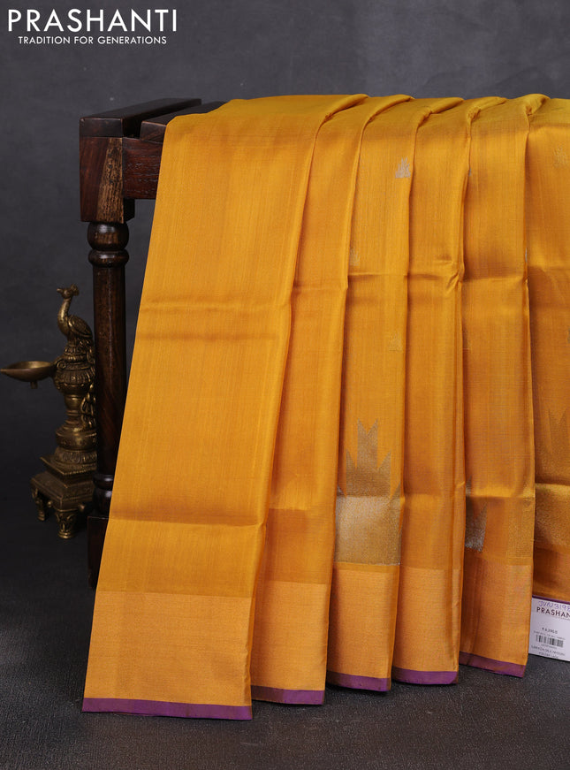 Pure uppada silk saree mustard yellow and violet with allover silver & zari woven buttas and temple design zari woven border