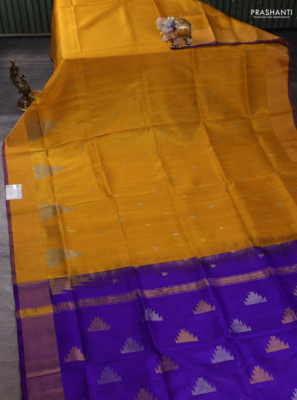 Pure uppada silk saree mustard yellow and violet with allover silver & zari woven buttas and temple design zari woven border