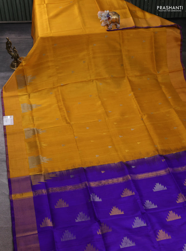 Pure uppada silk saree mustard yellow and violet with allover silver & zari woven buttas and temple design zari woven border