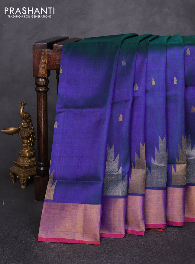 Pure uppada silk saree dual shade of bluish green with allover silver & zari woven buttas and temple design zari woven border