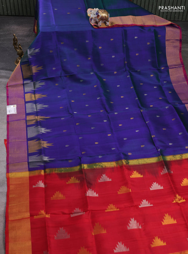 Pure uppada silk saree dual shade of bluish green with allover silver & zari woven buttas and temple design zari woven border