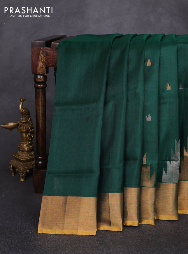 Pure uppada silk saree bottle green and mustard yellow with allover silver & zari woven border and zari woven border