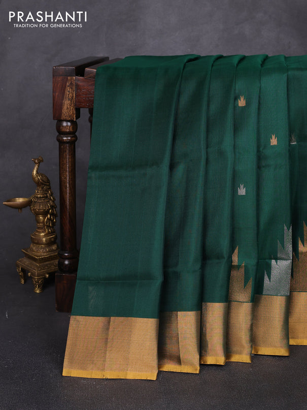 Pure uppada silk saree bottle green and mustard yellow with allover silver & zari woven border and zari woven border