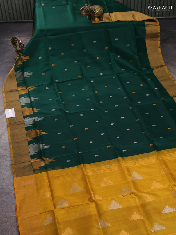 Pure uppada silk saree bottle green and mustard yellow with allover silver & zari woven border and zari woven border