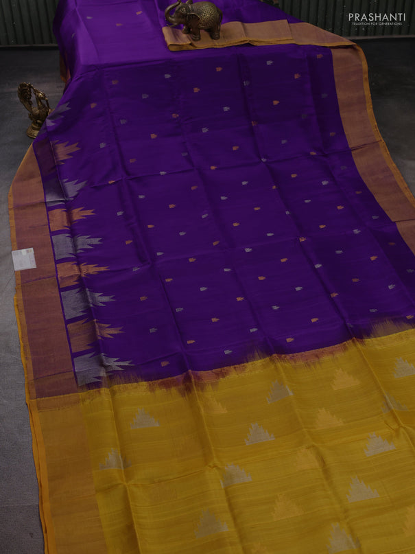 Pure uppada silk saree violet and mustard yellow with allover silver & zari woven border and zari woven border