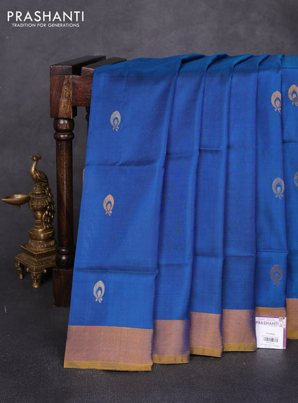 Pure uppada silk saree peacock blue and mustard green with allover silver & zari woven border and zari woven border