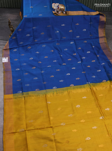 Pure uppada silk saree peacock blue and mustard green with allover silver & zari woven border and zari woven border