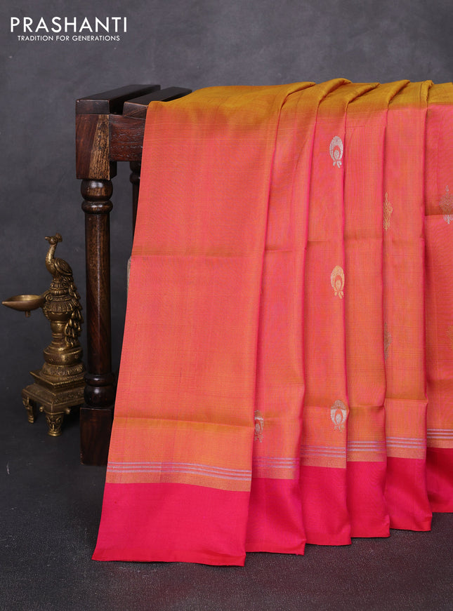 Pure uppada silk saree dual shade of pinkish orange and pink with allover silver & zari woven border and zari woven border