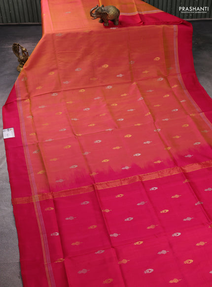 Pure uppada silk saree dual shade of pinkish orange and pink with allover silver & zari woven border and zari woven border