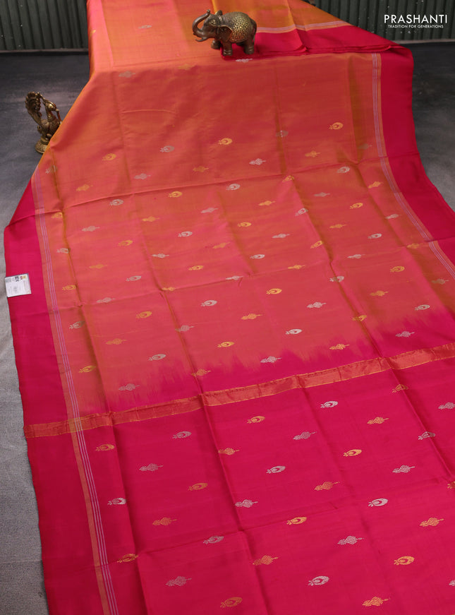 Pure uppada silk saree dual shade of pinkish orange and pink with allover silver & zari woven border and zari woven border