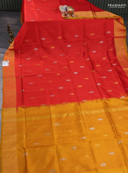 Pure uppada silk saree orange and mustard yellow with allover silver & zari woven border and zari woven border