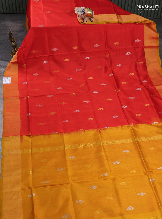 Pure uppada silk saree orange and mustard yellow with allover silver & zari woven border and zari woven border