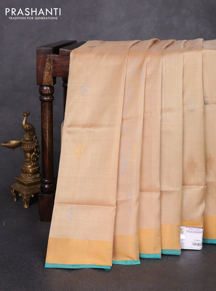 Pure uppada silk saree sandal and teal blue with allover silver & zari woven border and zari woven border
