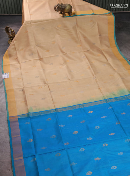 Pure uppada silk saree sandal and teal blue with allover silver & zari woven border and zari woven border