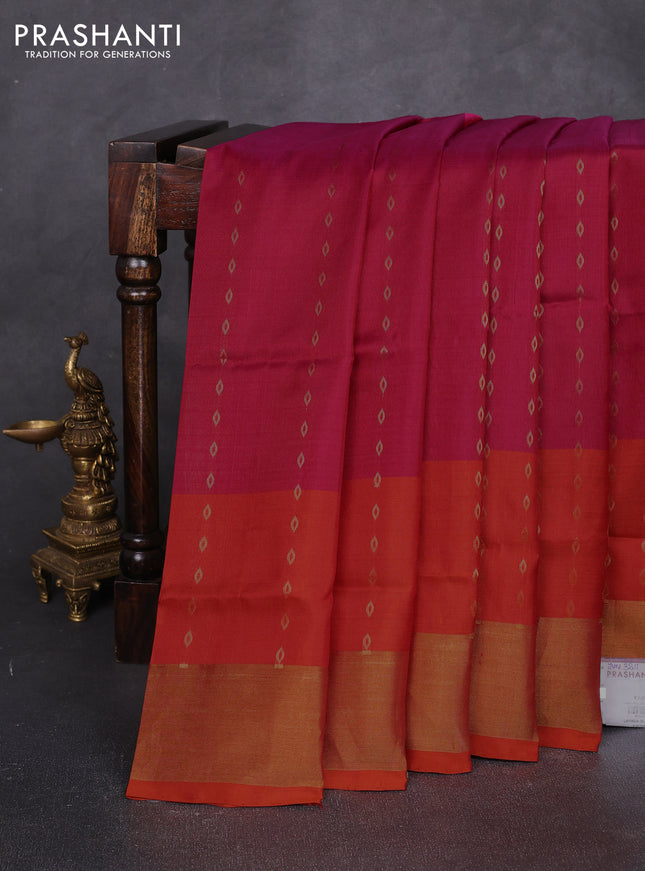 Pure uppada silk saree magenta pink and rust shade with allover silver zari woven buttas and long zari woven border