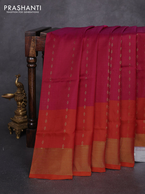 Pure uppada silk saree magenta pink and rust shade with allover silver zari woven buttas and long zari woven border