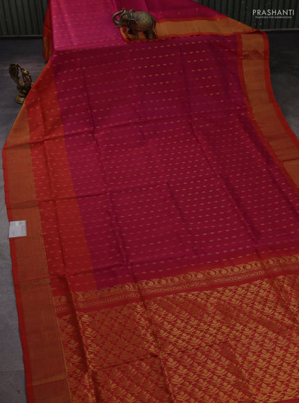 Pure uppada silk saree magenta pink and rust shade with allover silver zari woven buttas and long zari woven border