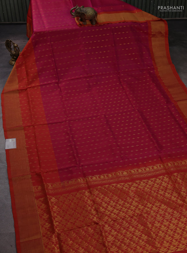 Pure uppada silk saree magenta pink and rust shade with allover silver zari woven buttas and long zari woven border