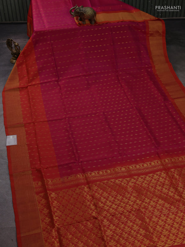 Pure uppada silk saree magenta pink and rust shade with allover silver zari woven buttas and long zari woven border
