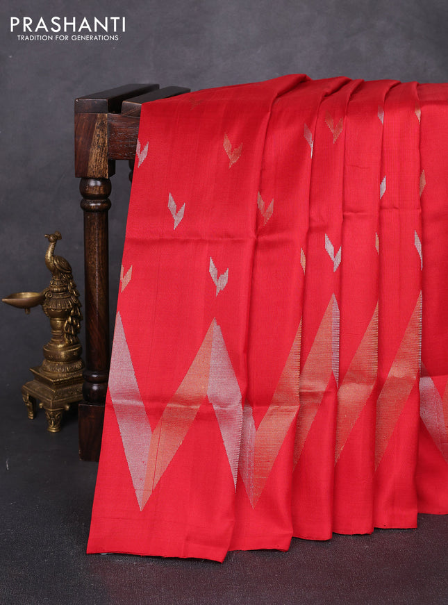 Pure uppada silk saree red with allover silver & zari woven buttas and woven border