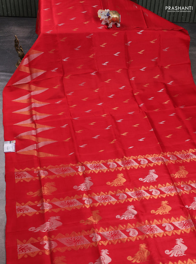 Pure uppada silk saree red with allover silver & zari woven buttas and woven border