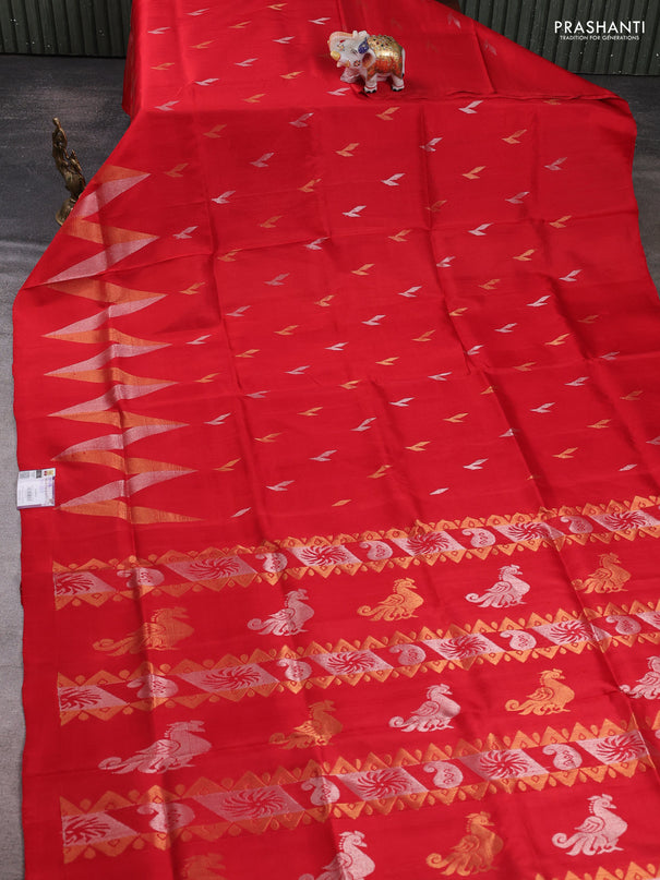 Pure uppada silk saree red with allover silver & zari woven buttas and woven border