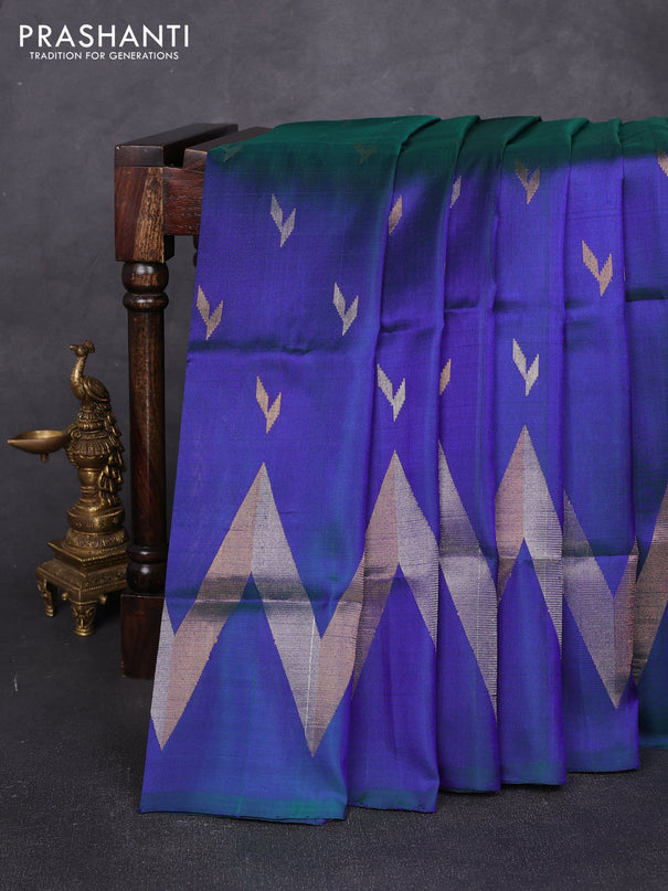 Pure uppada silk saree dual shade of greenish blue with allover silver & zari woven buttas and woven border