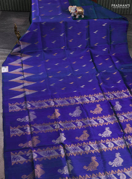 Pure uppada silk saree dual shade of greenish blue with allover silver & zari woven buttas and woven border