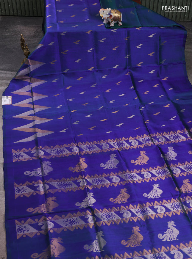 Pure uppada silk saree dual shade of greenish blue with allover silver & zari woven buttas and woven border