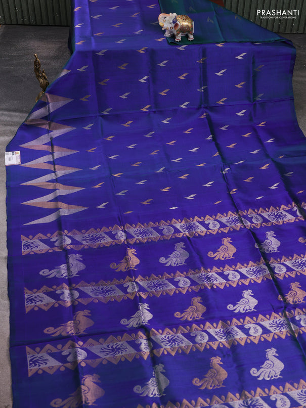 Pure uppada silk saree dual shade of greenish blue with allover silver & zari woven buttas and woven border