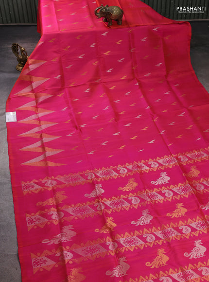 Pure uppada silk saree dual shade of pinkish orange with allover silver & zari woven buttas and long zigzag zari woven border