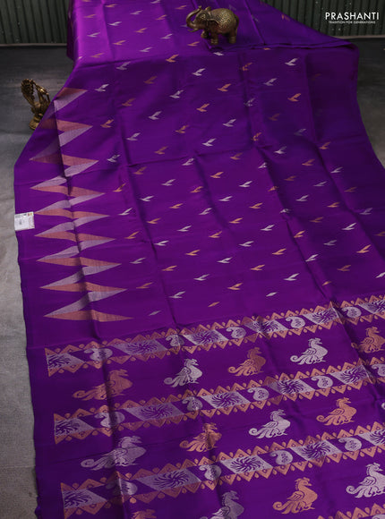 Pure uppada silk saree purple with allover silver & zari woven buttas and long zigzag zari woven border