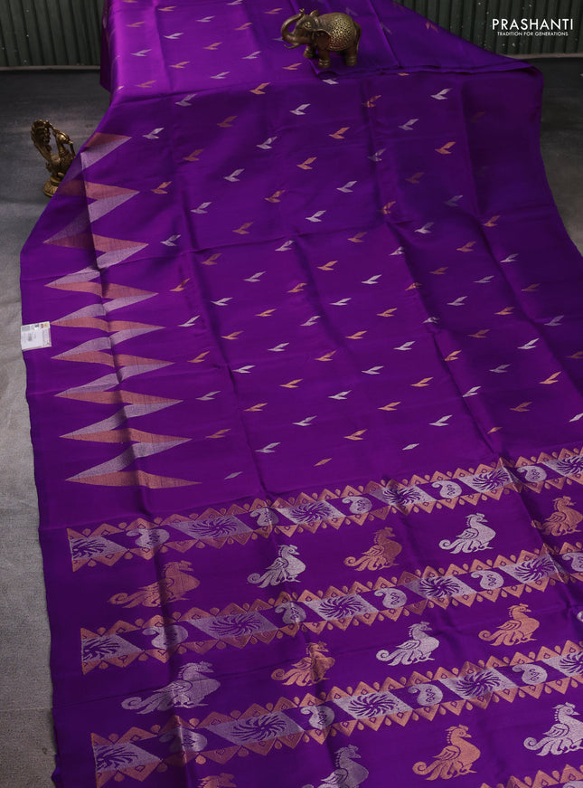 Pure uppada silk saree purple with allover silver & zari woven buttas and long zigzag zari woven border