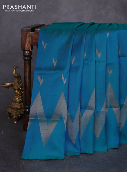 Pure uppada silk saree peacock blue with allover silver & zari woven buttas and long zigzag zari woven border