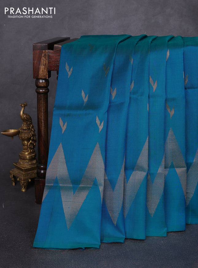 Pure uppada silk saree peacock blue with allover silver & zari woven buttas and long zigzag zari woven border