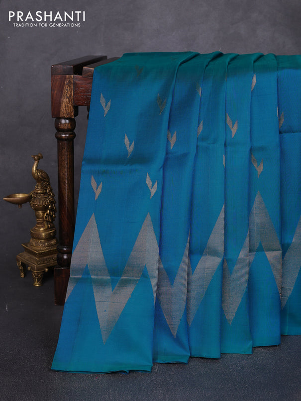 Pure uppada silk saree peacock blue with allover silver & zari woven buttas and long zigzag zari woven border