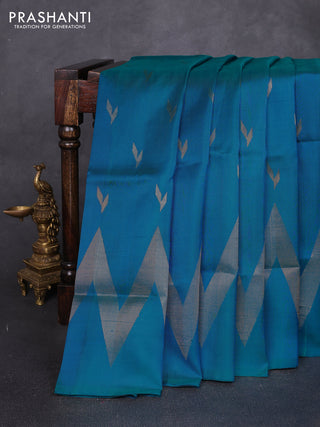 Pure uppada silk saree peacock blue with allover silver & zari woven buttas and long zigzag zari woven border