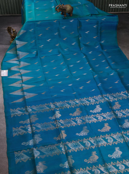 Pure uppada silk saree peacock blue with allover silver & zari woven buttas and long zigzag zari woven border