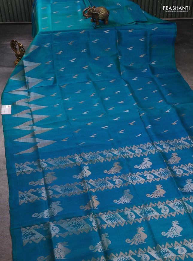 Pure uppada silk saree peacock blue with allover silver & zari woven buttas and long zigzag zari woven border