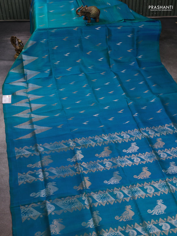 Pure uppada silk saree peacock blue with allover silver & zari woven buttas and long zigzag zari woven border