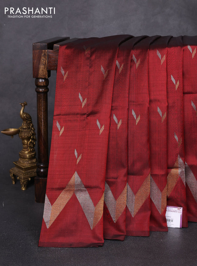 Pure uppada silk saree deep maroon with allover silver & zari woven buttas and long zigzag zari woven border