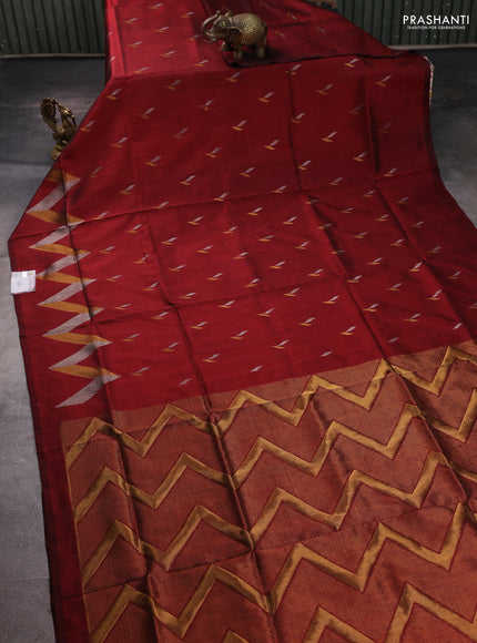 Pure uppada silk saree deep maroon with allover silver & zari woven buttas and long zigzag zari woven border