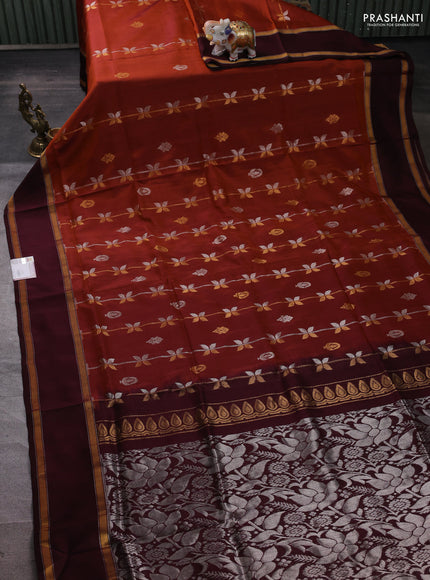 Pure uppada silk saree rust shade and coffee brown with allover zari weaves & buttas and rettapet zari woven border