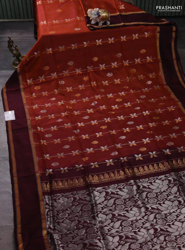 Pure uppada silk saree rust shade and coffee brown with allover zari weaves & buttas and rettapet zari woven border
