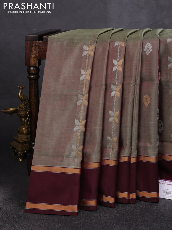 Pure uppada silk saree pasel green and coffee brown with allover zari weaves & buttas and zari woven border